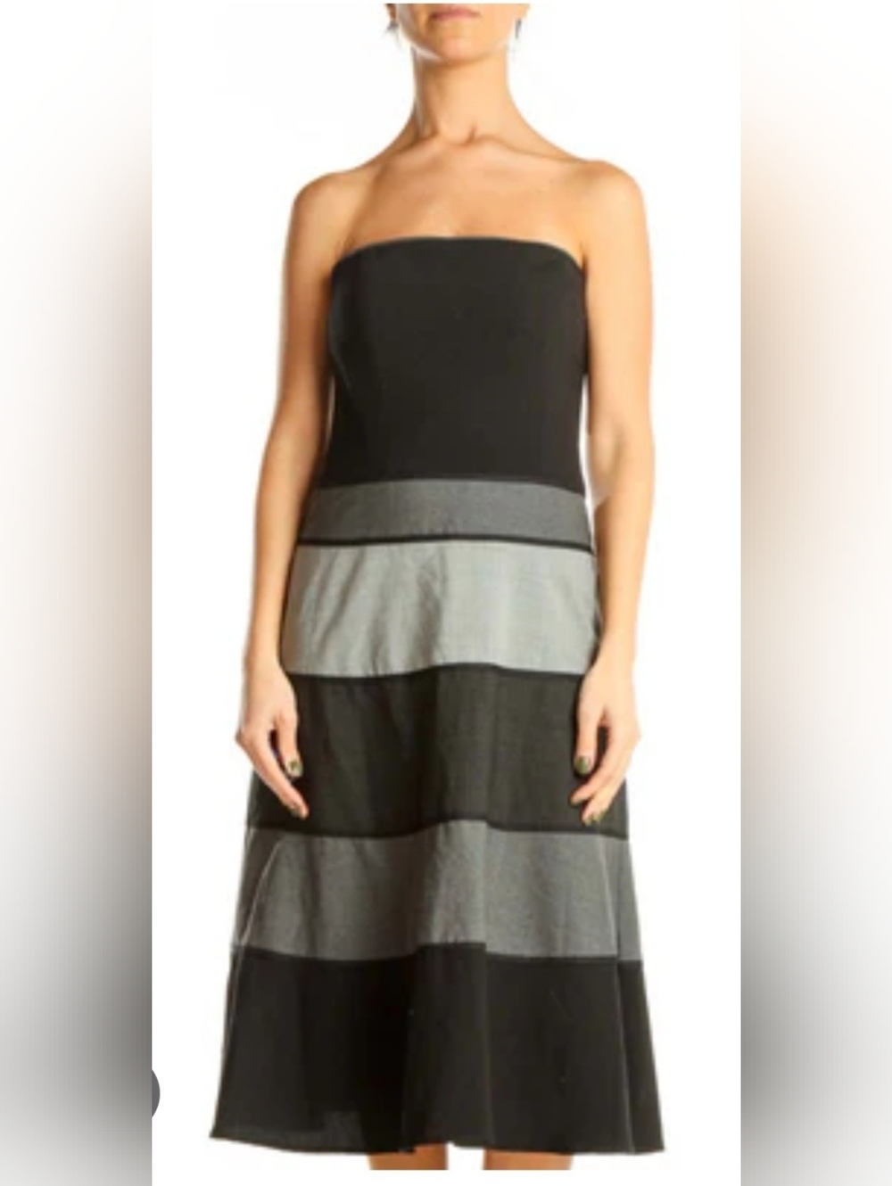 BCBGMaxAzria Black and Gray Strapless Tiered Midi Dress